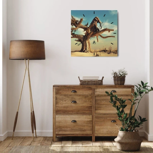 Wanduhr - Glasuhr - Ein Elefant sitzt auf einem Baum in einer surrealen Landschaft - 30x30cm - Ein neuer Standpunkt - Moderne Wanddekoration für Wohnzimmer und Schlafzimmer ARTTOR