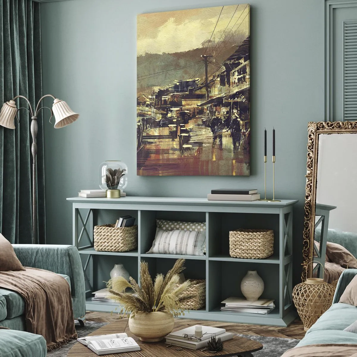 Bild auf Leinwand - Leinwandbild - Eine Stadt mit einer Brücke und kunstvoll gestalteten Straßen - 80x120cm - Das Leben als Reichtum an Grau - Moderne Wanddekoration für Wohnzimmer und Schlafzimmer ARTTOR