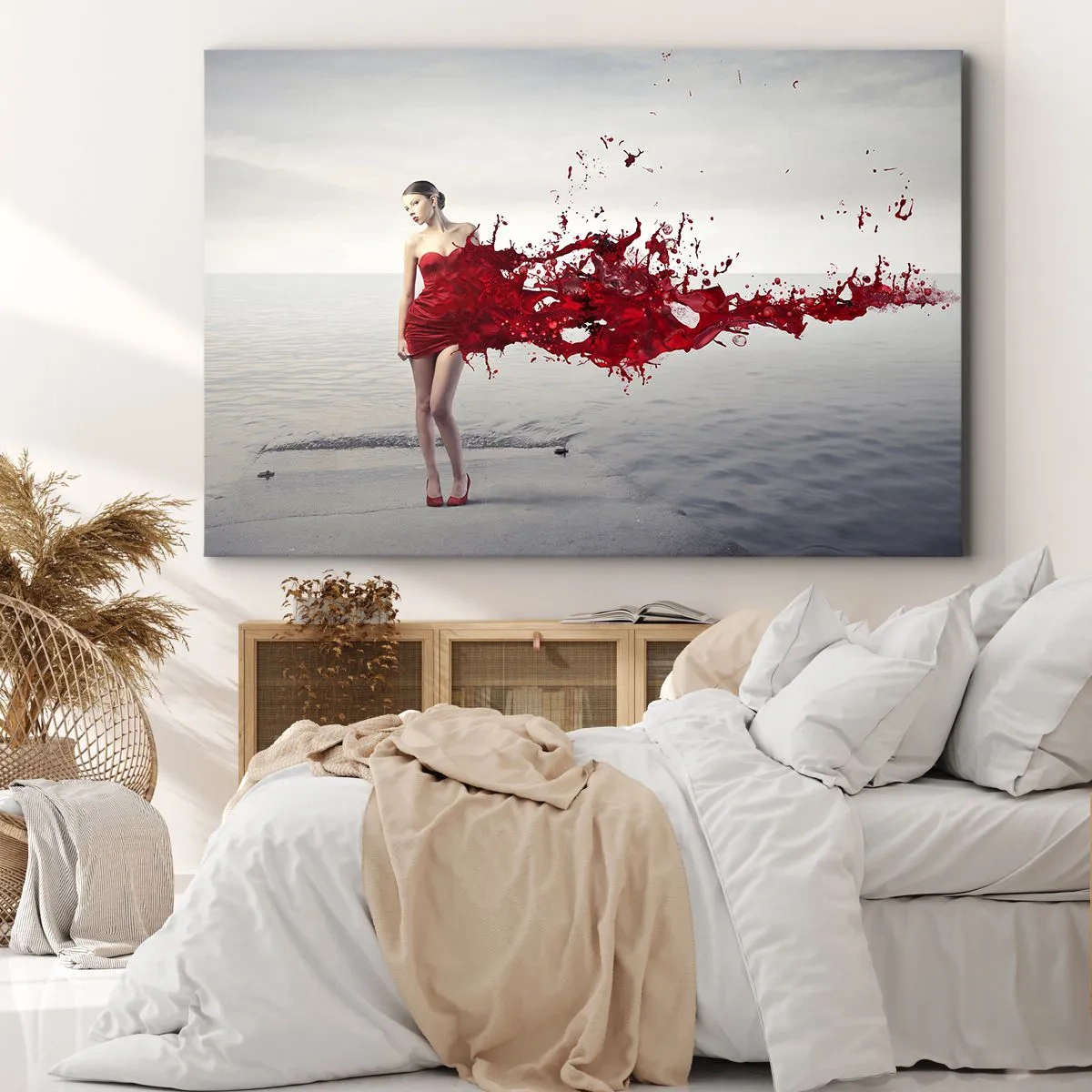 Bild auf Leinwand - Leinwandbild - Eine Frau in einem roten Kleid in einer künstlerischen Komposition am Wasser - 70x50cm - Leidenschaftlich wie Scharlach - Moderne Wanddekoration für Wohnzimmer und Schlafzimmer ARTTOR
