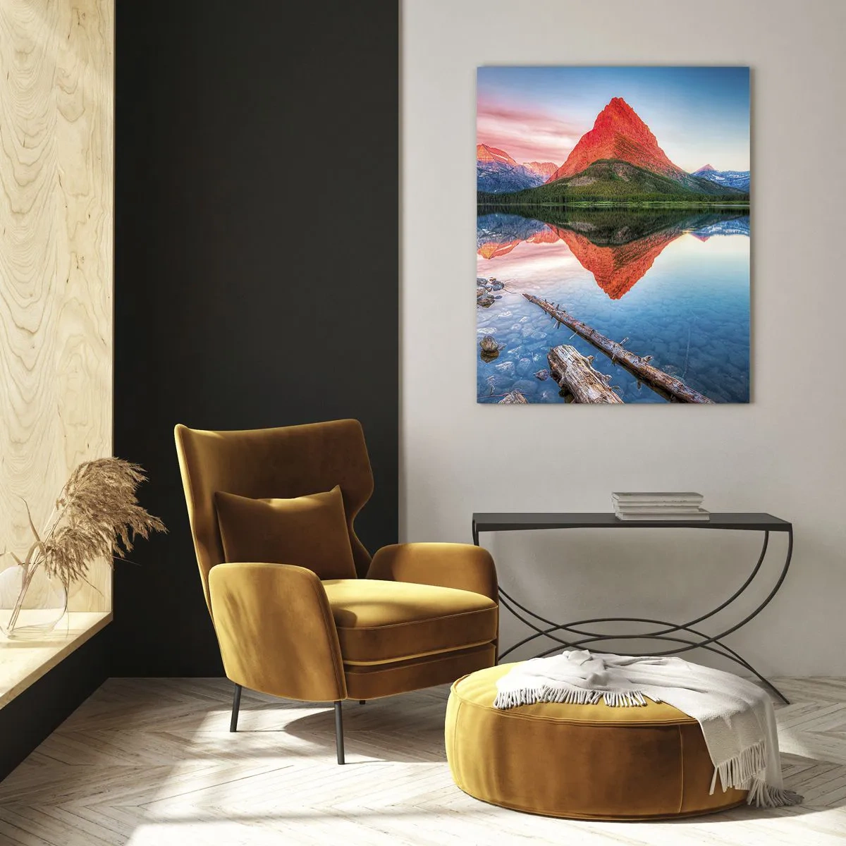 Glasbild - Bild auf glas - Ein Berg, der sich bei Sonnenuntergang in einem See spiegelt - 80x120cm - Hitze und Kälte - Moderne Wanddekoration für Wohnzimmer und Schlafzimmer ARTTOR