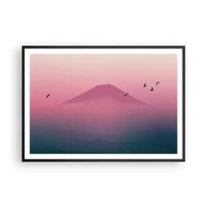 Poster in einem schwarzem Rahmen - Eine minimalistische Landschaft mit einem Berg und Vögeln bei Sonnenaufgang - 100x70cm - Wanderer über den Wolken - Moderne Wanddekoration für Wohnzimmer und Schlafzimmer ARTTOR