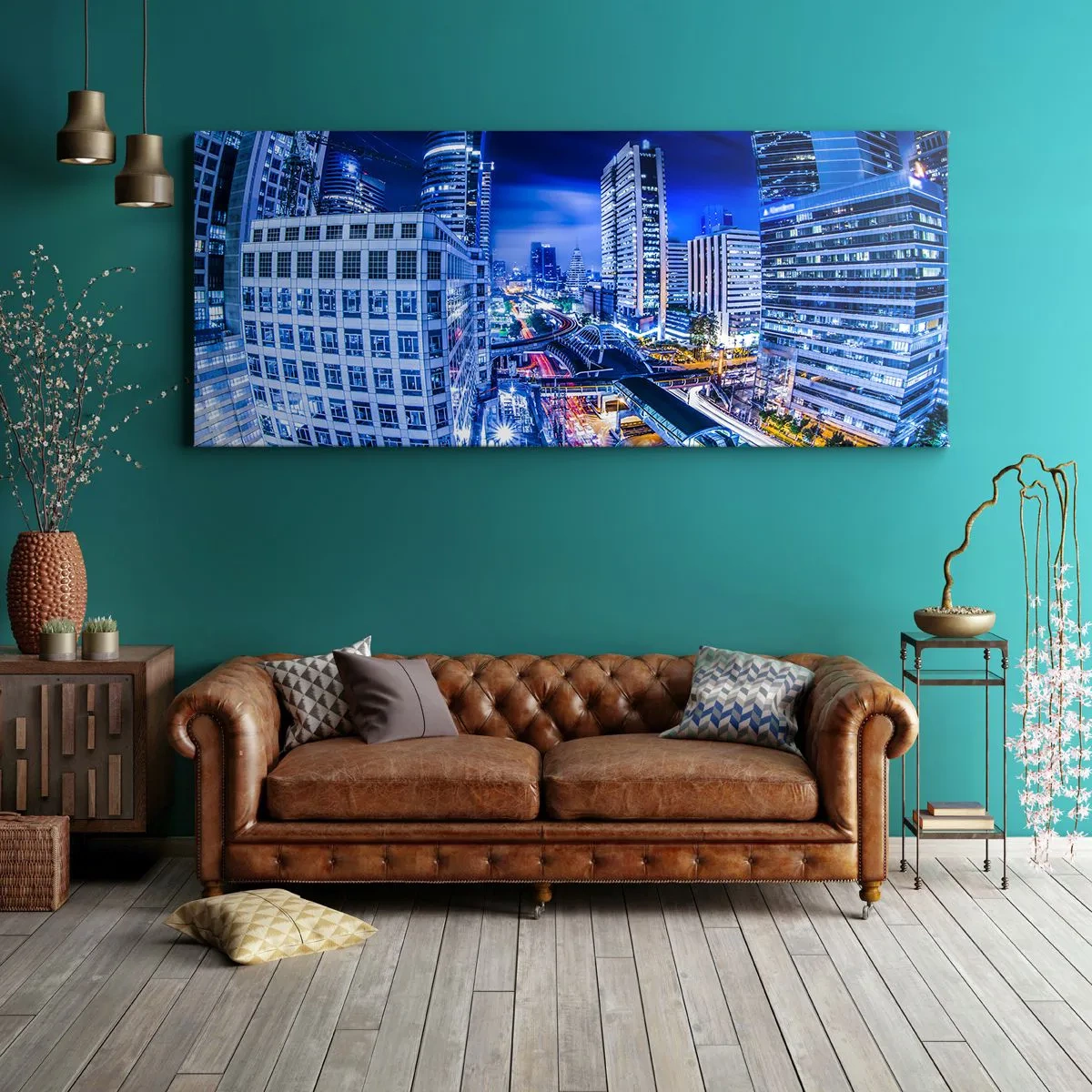 Bild auf Leinwand - Leinwandbild - Nachtstadtpanorama mit Wolkenkratzern und Straßenlaternen - 140x50cm - Rhythmen der Nachtstadt - Moderne Wanddekoration für Wohnzimmer und Schlafzimmer ARTTOR