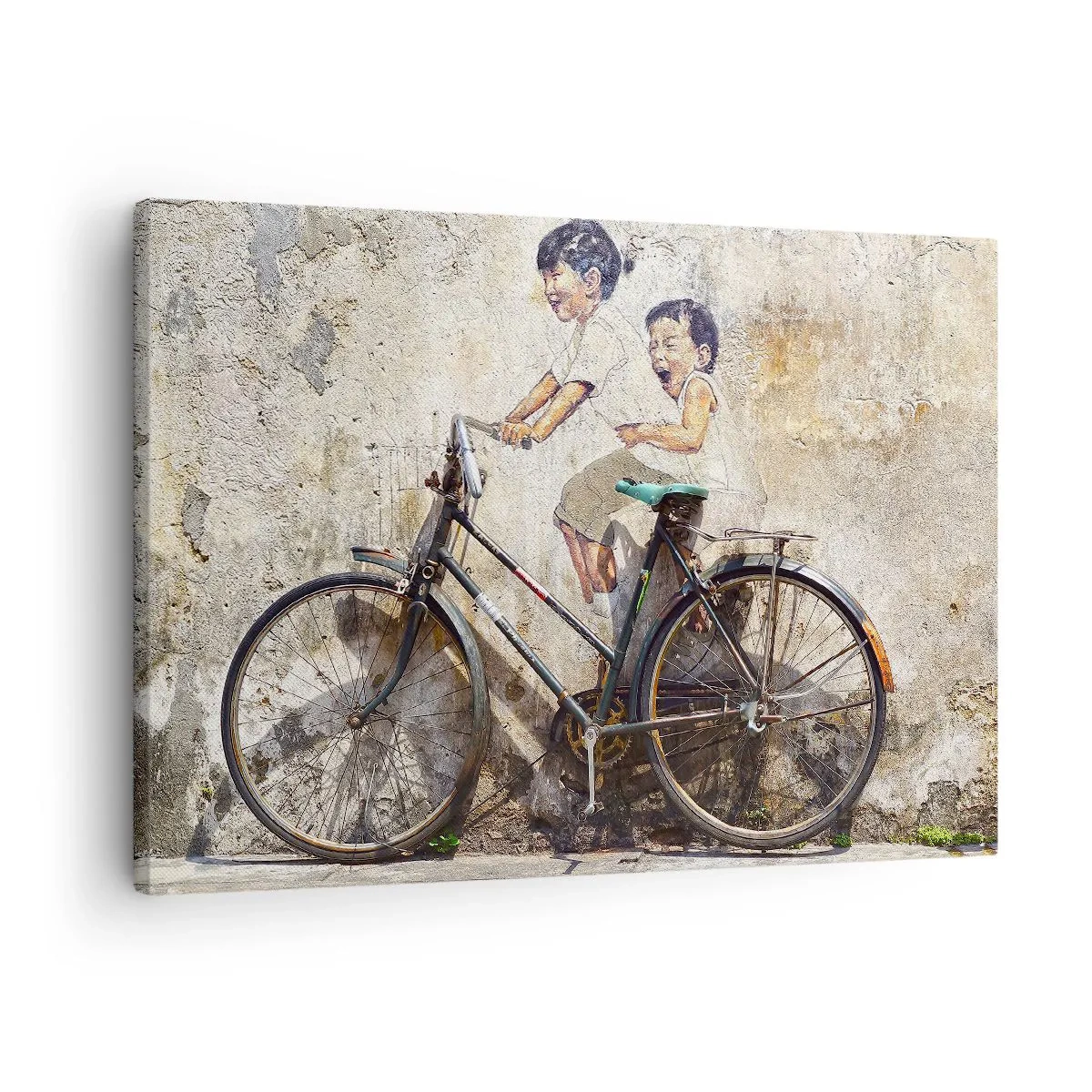 Bild auf Leinwand - Leinwandbild - Streetart mit Fahrrad und Kinderzeichnungen an der Wand - 70x50cm - Richtig oder falsch? - Moderne Wanddekoration für Wohnzimmer und Schlafzimmer ARTTOR