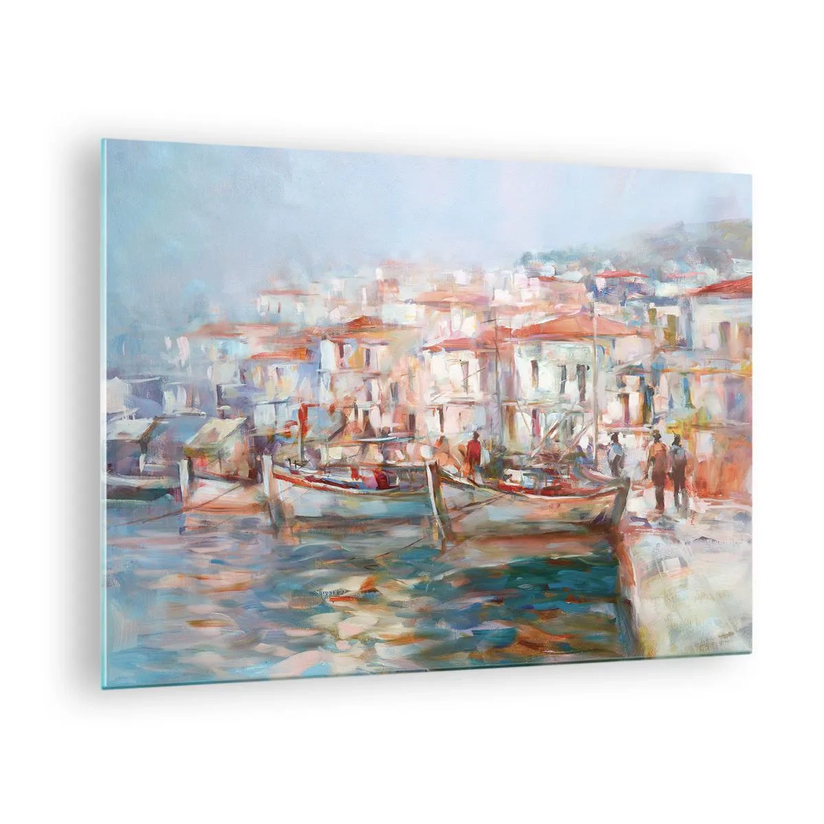 Glasbild - Bild auf glas - Ein malerischer Hafen mit Booten in Pastellfarben - 70x50cm - Pastell-Sommerferien - Moderne Wanddekoration für Wohnzimmer und Schlafzimmer ARTTOR