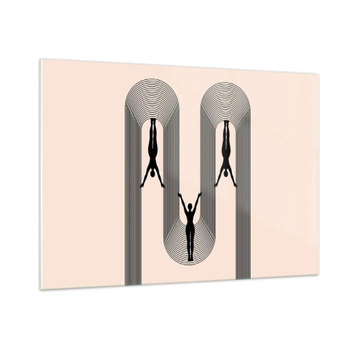 Glasbild - Bild auf glas - Schwarze Silhouetten von Figuren, die in rhythmischen Bögen schweben - 100x70cm - Verkehrt herum - Moderne Wanddekoration für Wohnzimmer und Schlafzimmer ARTTOR
