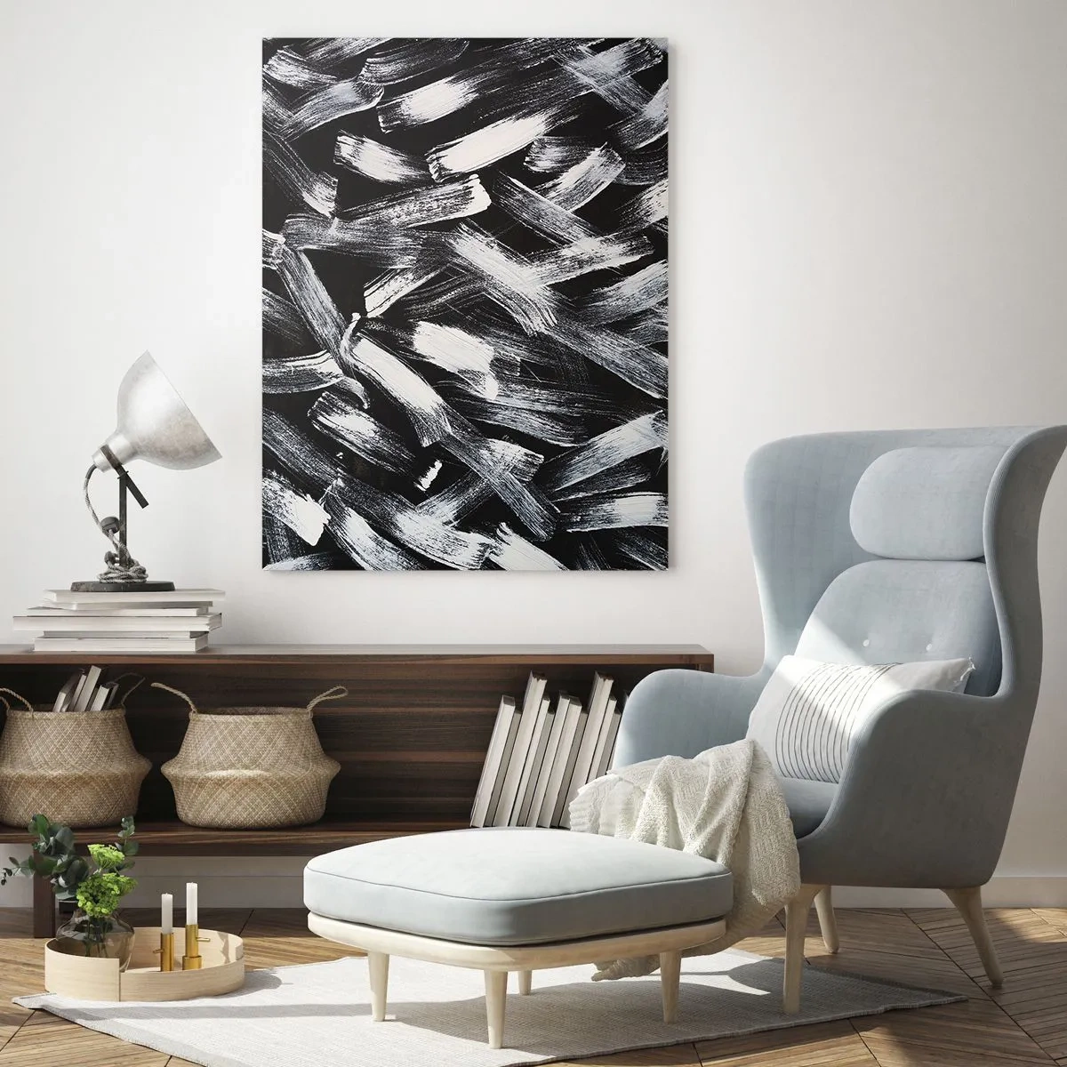 Glasbild - Bild auf glas - Schwarz-weiße Abstraktion von Pinselstrichen auf dunklem Hintergrund - 50x70cm - Abstraktion im industriellen Geist - Moderne Wanddekoration für Wohnzimmer und Schlafzimmer ARTTOR