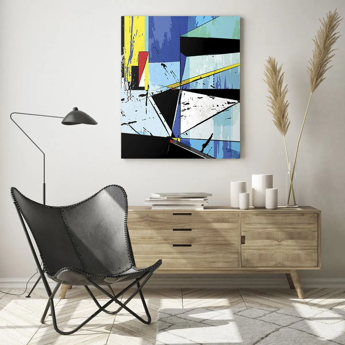 Glasbild - Bild auf glas - Abstrakte geometrische Komposition in Blautönen - 50x70cm - Betrachten Sie die Welt aus einem Blickwinkel ... - Moderne Wanddekoration für Wohnzimmer und Schlafzimmer ARTTOR