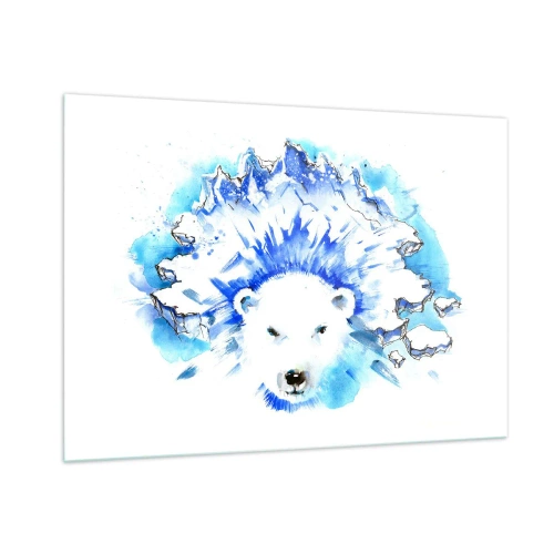 Glasbild - Bild auf glas - Ein Eisbär vor dem Hintergrund eisiger Berge in Blautönen. - 100x70cm - Der König der Arktis in einer Eiskrone - Moderne Wanddekoration für Wohnzimmer und Schlafzimmer ARTTOR