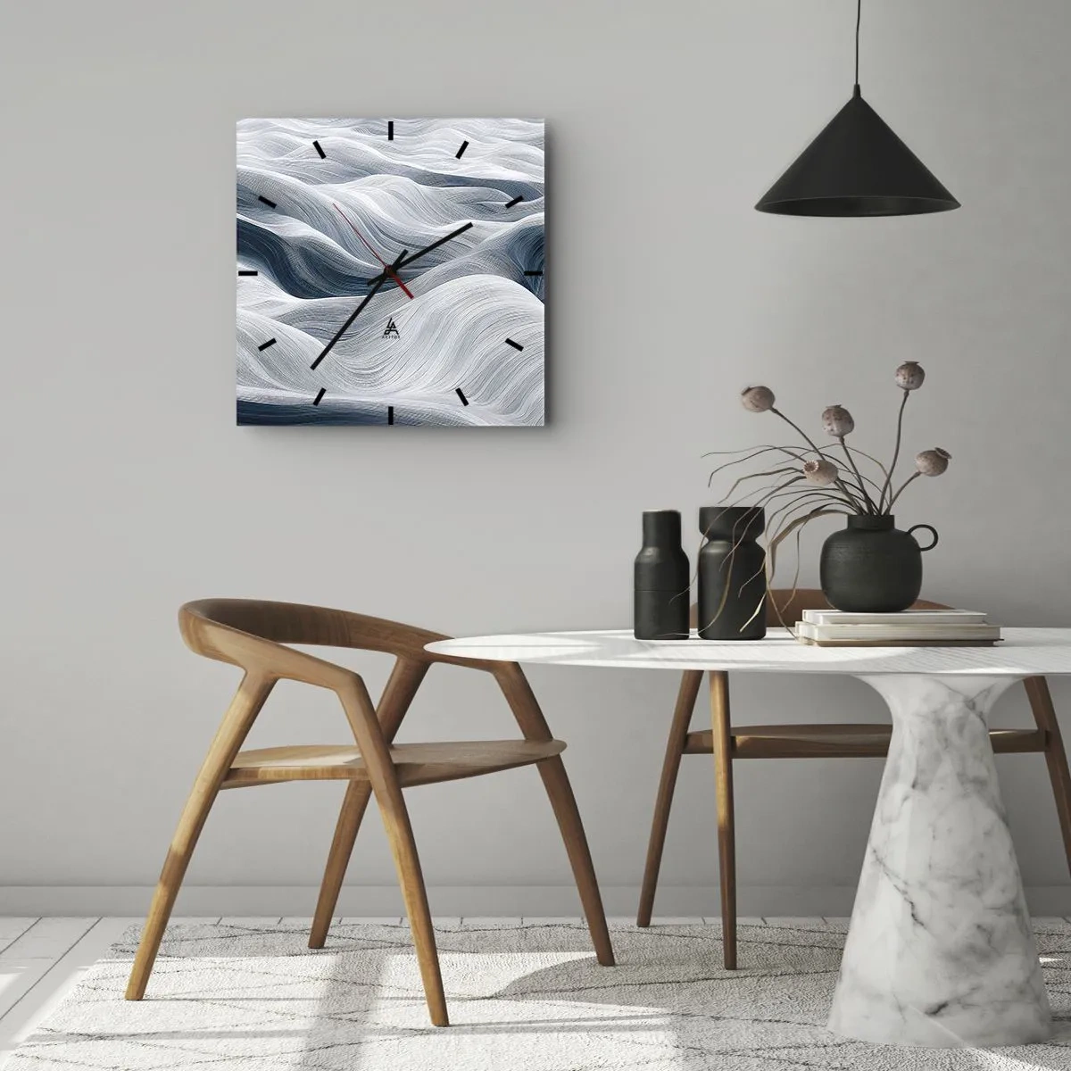 Wanduhr - Glasuhr - Wellenlinien in Blau- und Weißtönen - 30x30cm - Weiße und blaue Wellen - Moderne Wanddekoration für Wohnzimmer und Schlafzimmer ARTTOR