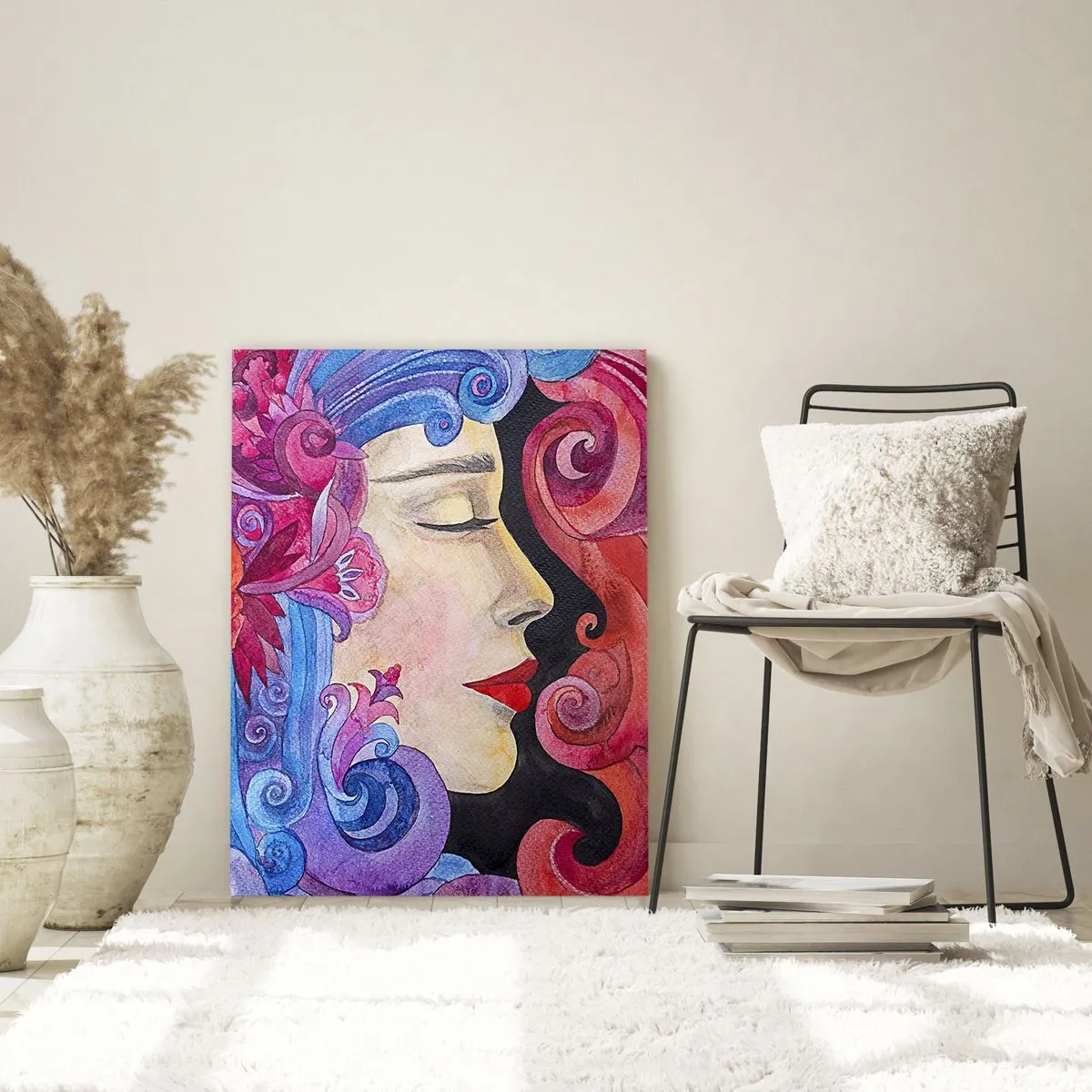 Glasbild - Bild auf glas - Buntes Profil einer Frau im künstlerischen Stil - 80x120cm - Der Jugendstil lebt noch - Moderne Wanddekoration für Wohnzimmer und Schlafzimmer ARTTOR
