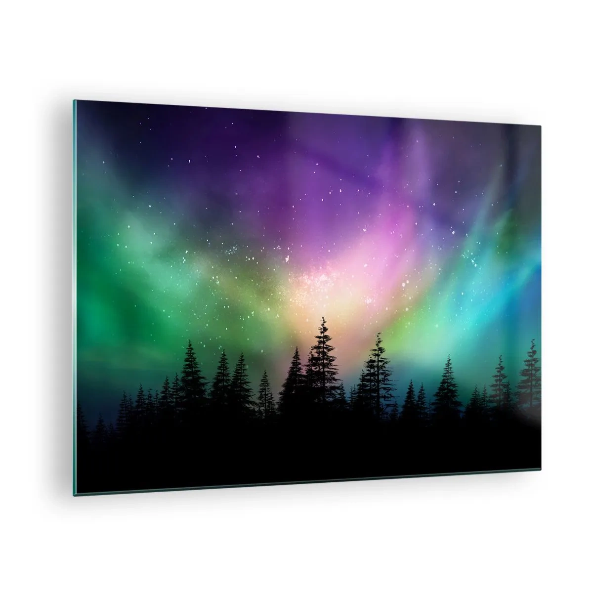 Glasbild - Bild auf glas - Wald bei Nacht unter den bunten Nordlichtern - 70x50cm - weiße Magie - Moderne Wanddekoration für Wohnzimmer und Schlafzimmer ARTTOR