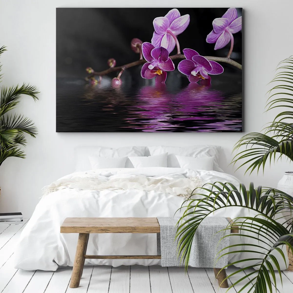 Bild auf Leinwand - Leinwandbild - Lila Orchideen über ruhigem Wasser vor schwarzem Hintergrund - 120x80cm - Lila Spiegelbild der Schönheit - Moderne Wanddekoration für Wohnzimmer und Schlafzimmer ARTTOR