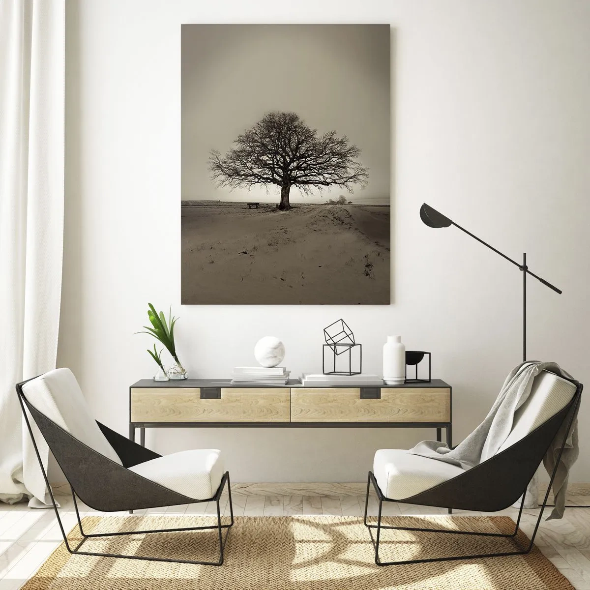 Glasbild - Bild auf glas - Ein einsamer Baum in einem Sepia-Feld - 80x120cm - Von hier zu Ewigkeit - Moderne Wanddekoration für Wohnzimmer und Schlafzimmer ARTTOR