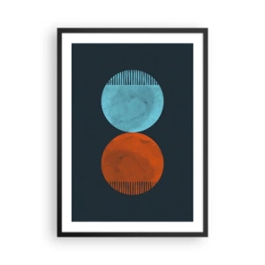 Poster in einem schwarzem Rahmen - Zwei Kreise – blau und orange auf marineblauem Hintergrund - 50x70cm - Nur Geometrie? - Moderne Wanddekoration für Wohnzimmer und Schlafzimmer ARTTOR