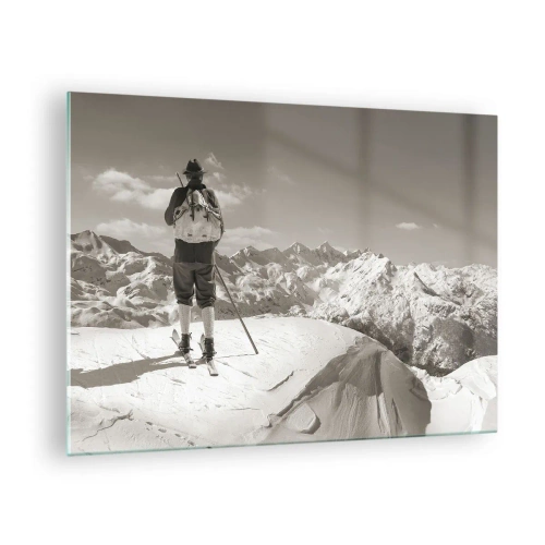 Glasbild - Bild auf glas - Skifahrer auf einem Berggipfel in Schwarz und Weiß - 70x50cm - Und die Berge bleiben unverändert - Moderne Wanddekoration für Wohnzimmer und Schlafzimmer ARTTOR