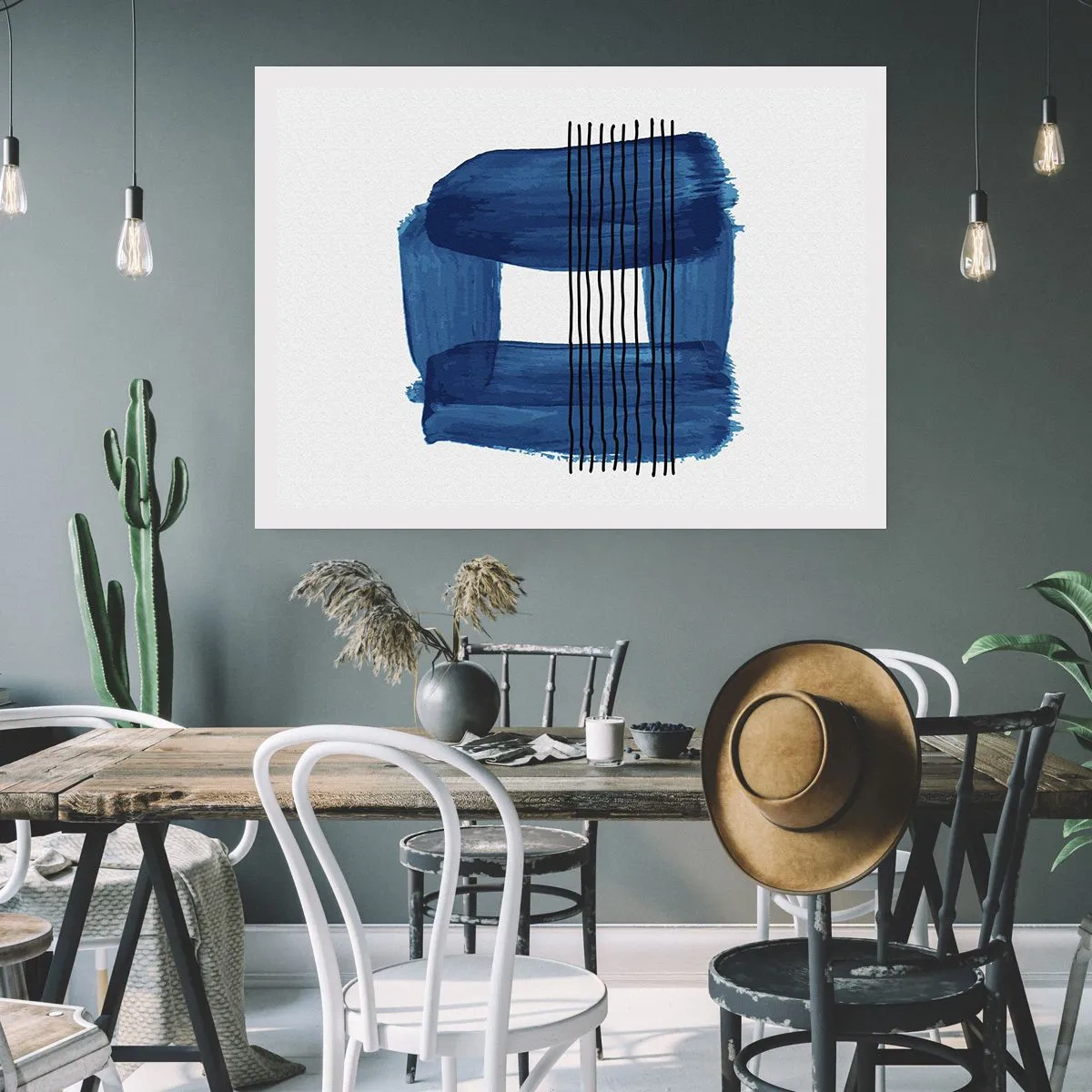 Poster - Abstraktes Muster in Blautönen mit schwarzen Linien - 100x70cm - Blaue und schwarze Komposition - Moderne Wanddekoration für Wohnzimmer und Schlafzimmer ARTTOR