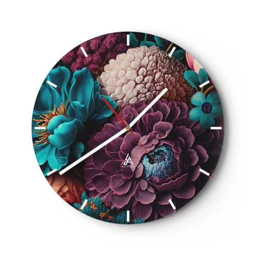 Wanduhr - Glasuhr - Ein üppiger Strauß dunkler und türkisfarbener Blumen mit Details - 30x30cm - Natur in Hülle und Fülle - Moderne Wanddekoration für Wohnzimmer, Küche und Schlafzimmer ARTTOR