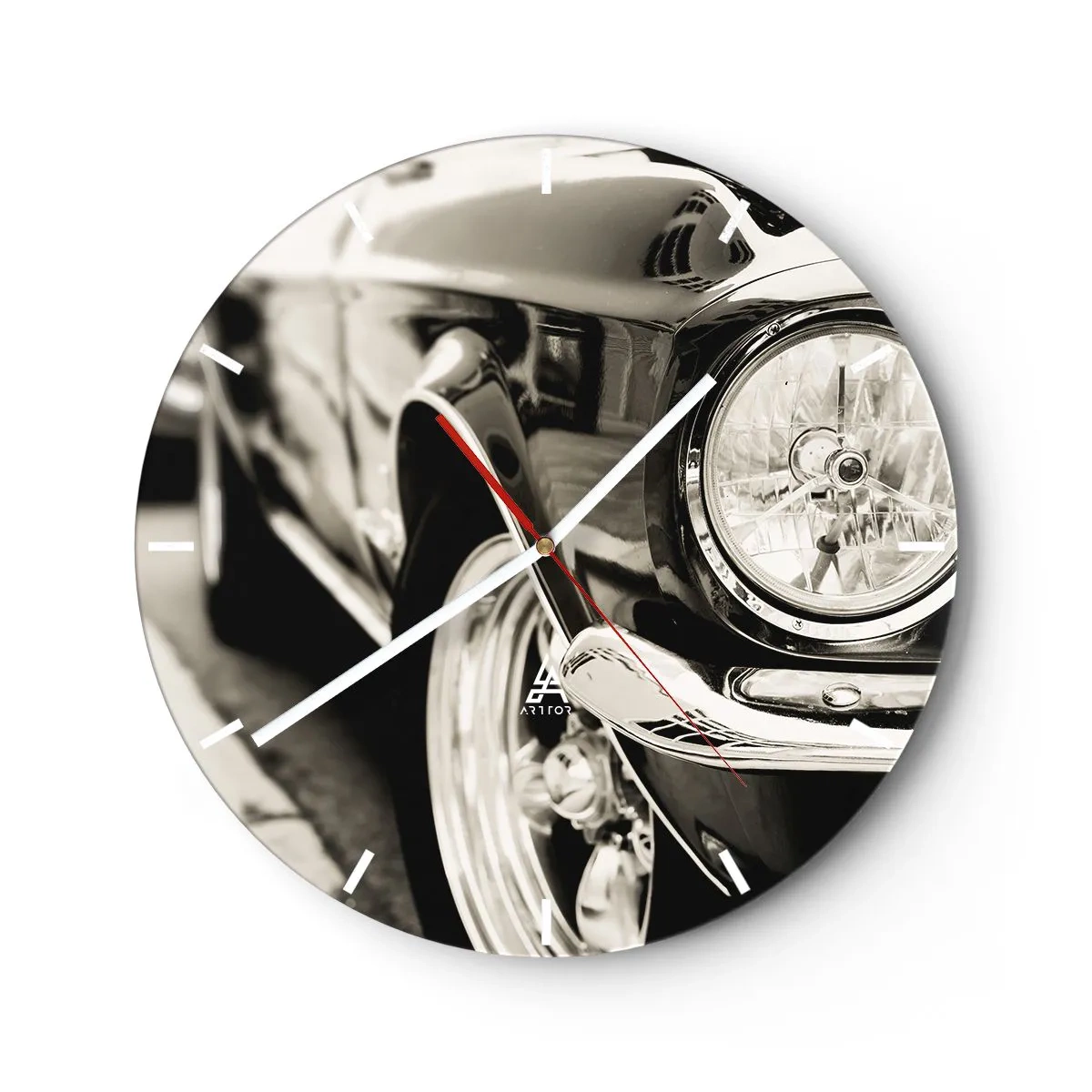Wanduhr - Glasuhr - Nahaufnahme des Scheinwerfers eines Oldtimers - 30x30cm - Dauerhafter Glanz - Moderne Wanddekoration für Wohnzimmer, Küche und Schlafzimmer ARTTOR