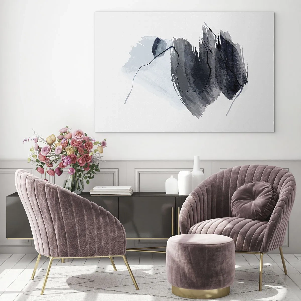 Glasbild - Bild auf glas - Eine abstrakte Komposition in Marineblau- und Grautönen - 70x50cm - Intensität und Bewegung - Moderne Wanddekoration für Wohnzimmer und Schlafzimmer ARTTOR