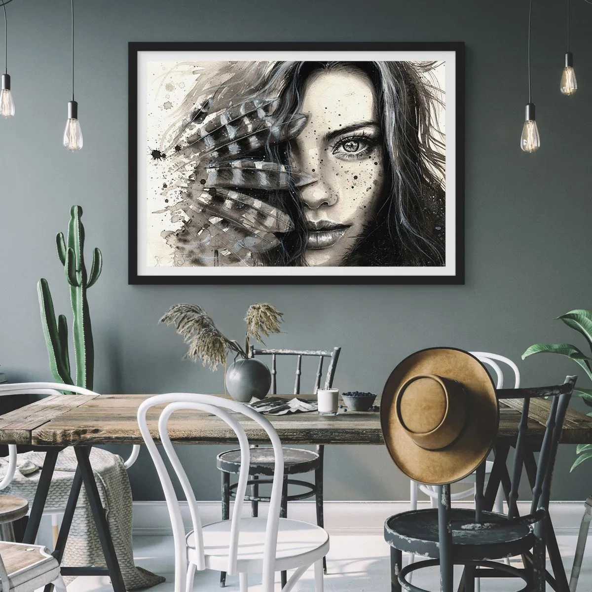Poster in einem schwarzem Rahmen - Künstlerisches Frauenporträt mit abstrakten Details - 70x50cm - Wilde Schönheit - Moderne Wanddekoration für Wohnzimmer und Schlafzimmer ARTTOR
