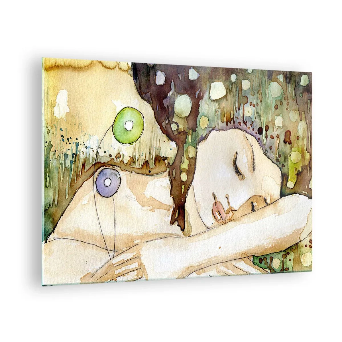 Glasbild - Bild auf glas - Eine schlafende Frau in einem künstlerischen Aquarellgemälde in warmen Farben. - 70x50cm - Ein smaragd-violetter Traum - Moderne Wanddekoration für Wohnzimmer und Schlafzimmer ARTTOR