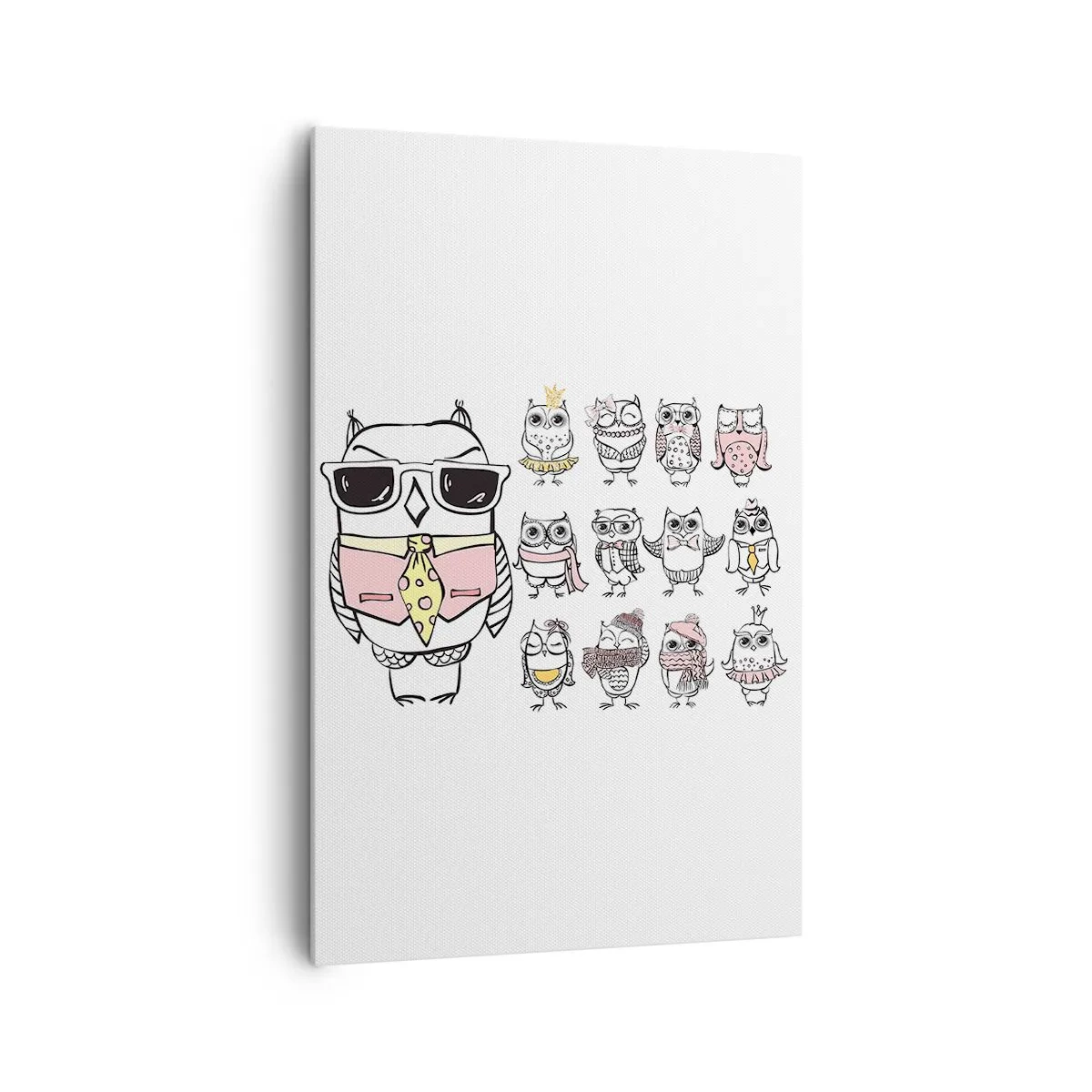 Bild auf Leinwand - Leinwandbild - Eulen in verschiedenen Stilen und Kleidern - 80x120cm - So viele Rollen zu spielen - Moderne Wanddekoration für Wohnzimmer und Schlafzimmer ARTTOR