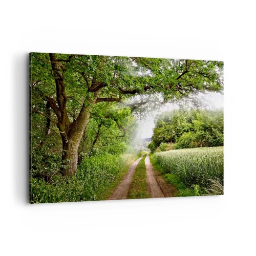 Bild auf Leinwand - Leinwandbild - Eine unbefestigte Straße zwischen grünen Bäumen und Sonnenlicht - 120x80cm - Et in Arcadia ego - Moderne Wanddekoration für Wohnzimmer und Schlafzimmer ARTTOR