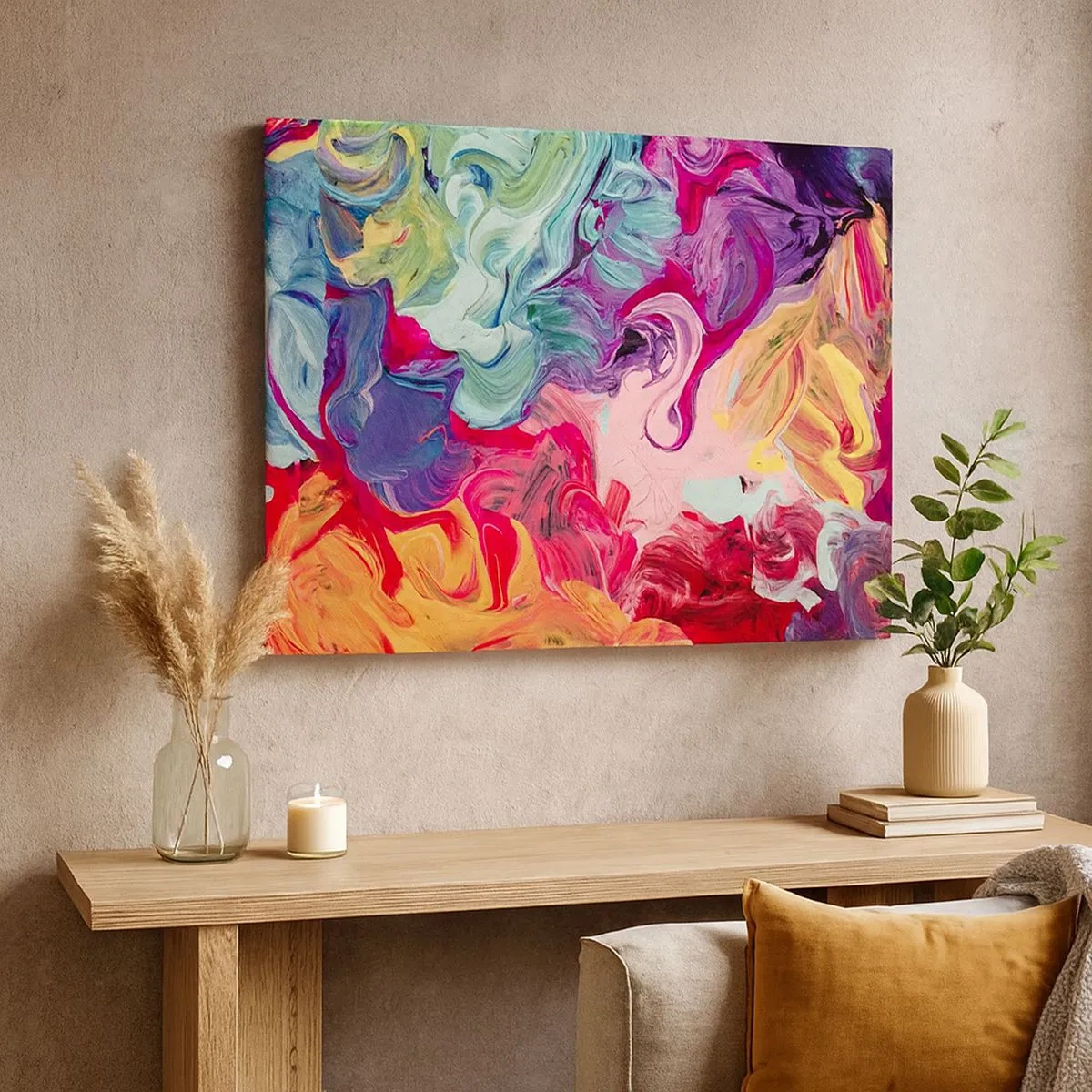 Bild auf Leinwand - Leinwandbild - Eine abstrakte Komposition mit lebendigen, wirbelnden Farben und einer dynamischen Struktur. - 70x50cm - Die Geburt der Farben - Moderne Wanddekoration für Wohnzimmer und Schlafzimmer ARTTOR