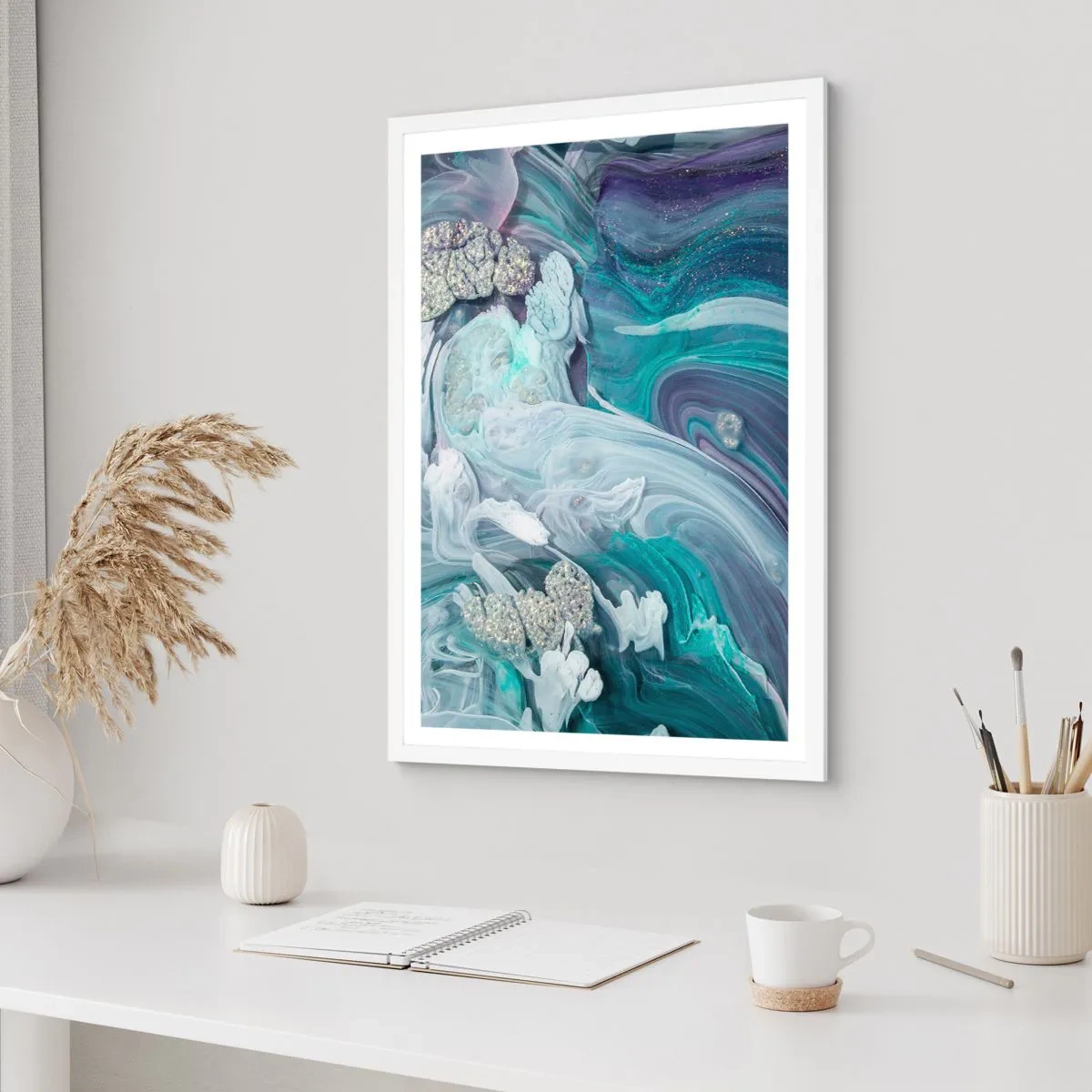 Poster in einem weißen Rahmen - Strömungen von Himmelblau - 70x100 cm