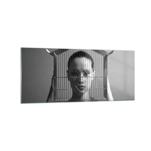 Glasbild - Bild auf glas - Frau hinter einem Käfig im surrealen Stil - 120x50cm - Ein leicht surreales Portrait - Moderne Wanddekoration für Wohnzimmer und Schlafzimmer ARTTOR