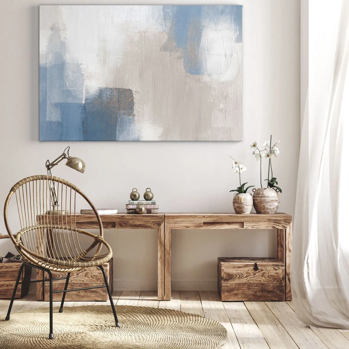 Bild auf Leinwand - Leinwandbild - Abstrakte Formen in Blau- und Beigetönen - 120x80cm - Rosa Abstraktion hinter einem blauen Vorhang - Moderne Wanddekoration für Wohnzimmer und Schlafzimmer ARTTOR