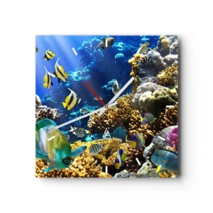 Wanduhr - Glasuhr - Ein farbenfrohes Korallenriff mit tropischen Fischen in den Tiefen des Ozeans. - 30x30cm - Viel Verkehr auf dem Ferienweg - Moderne Wanddekoration für Wohnzimmer und Schlafzimmer ARTTOR