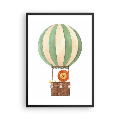 Poster in einem schwarzem Rahmen - Eine schöne Aquarellillustration eines Löwen, der in einem Heißluftballon auf weißem Hintergrund reist. - 50x70cm - Leons Reisen - Moderne Wanddekoration für Wohnzimmer und Schlafzimmer ARTTOR