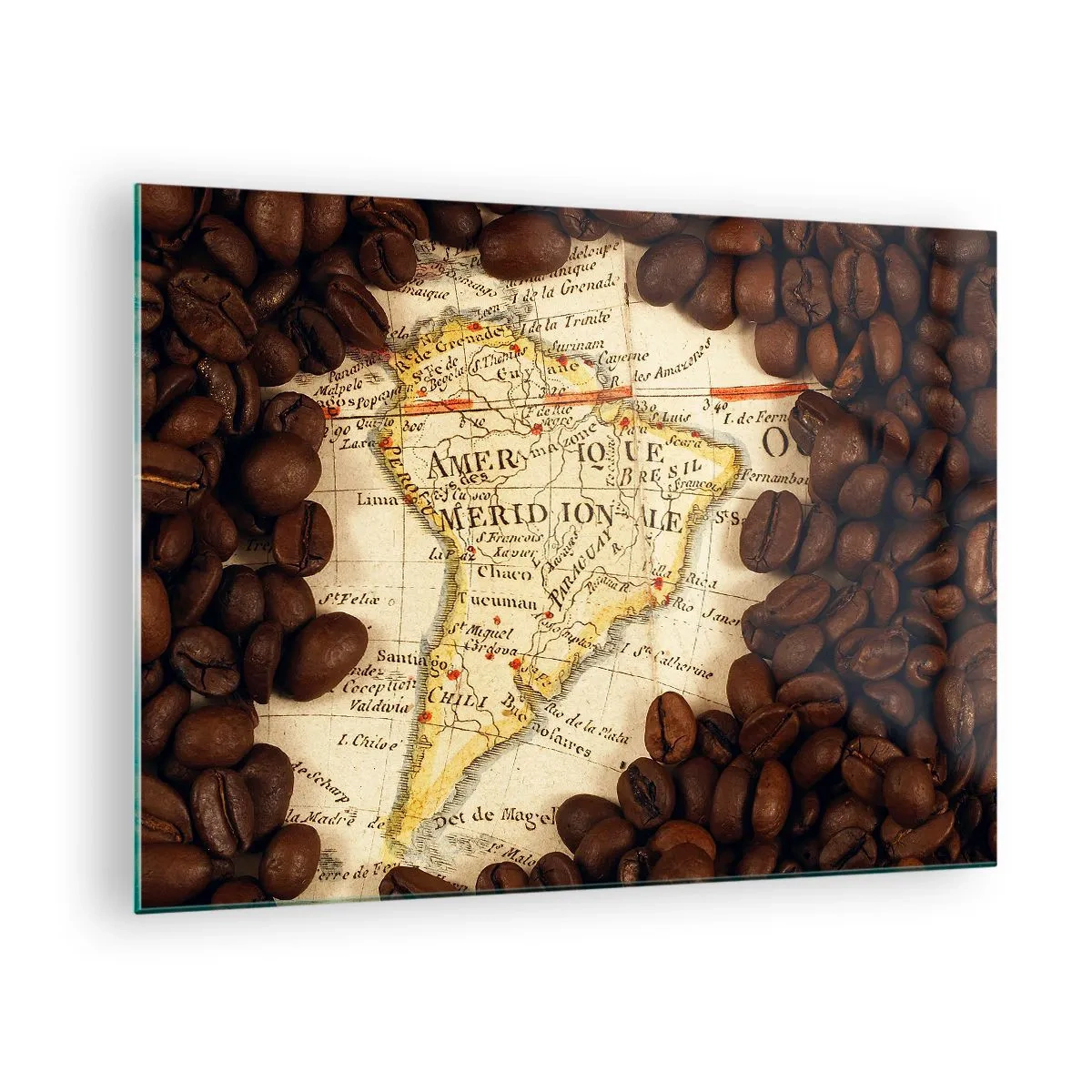 Glasbild - Bild auf glas - Eine Karte von Südamerika, umgeben von Kaffeebohnen. - 70x50cm - Woher kommt der beste Kaffee? - Moderne Wanddekoration für Wohnzimmer und Schlafzimmer ARTTOR