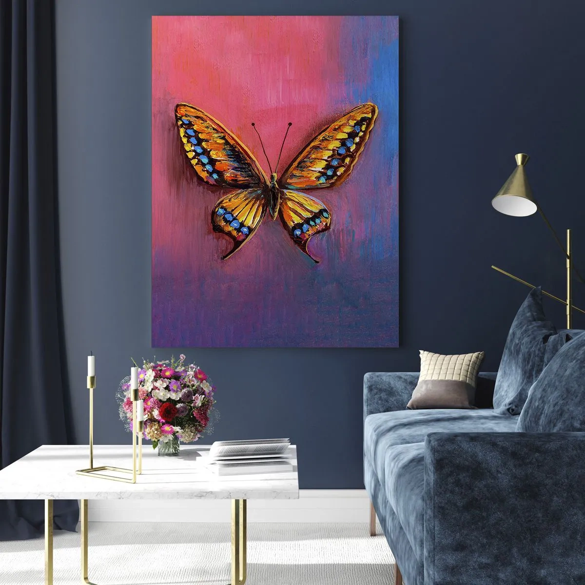 Glasbild - Bild auf glas - Ein bunter Schmetterling auf einem Hintergrund in Rosa- und Lilatönen - 50x70cm - Ein Juwel der Natur - Moderne Wanddekoration für Wohnzimmer und Schlafzimmer ARTTOR
