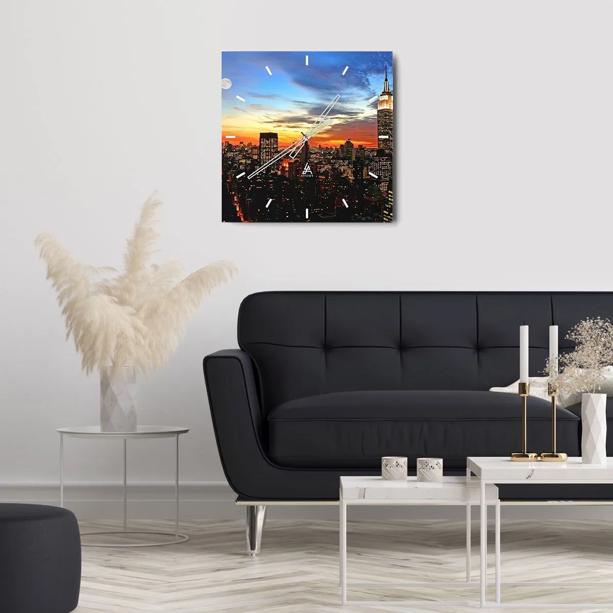 Wanduhr - Glasuhr - Stadtpanorama mit beleuchteten Wolkenkratzern in der Abenddämmerung - 30x30cm - Leuchtende amerikanische Nacht - Moderne Wanddekoration für Wohnzimmer und Schlafzimmer ARTTOR