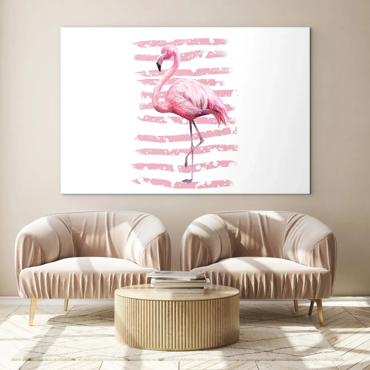 Glasbild - Bild auf glas - Ein rosa Flamingo vor einem Hintergrund aus künstlerischen rosa Streifen. - 120x80cm - In Würde, aber in Pink - Moderne Wanddekoration für Wohnzimmer und Schlafzimmer ARTTOR