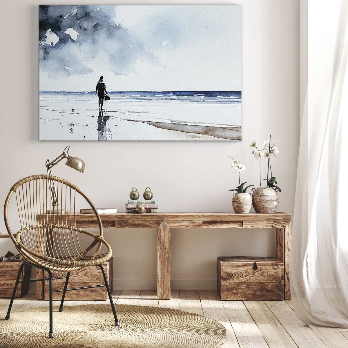 Bild auf Leinwand - Leinwandbild - Eine Figur an einem Strand in einer ruhigen Meeresumgebung - 100x70cm - Gespräch mit dem Meer - Moderne Wanddekoration für Wohnzimmer und Schlafzimmer ARTTOR