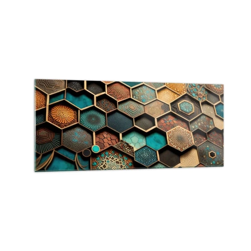 Glasbild - Bild auf glas - Bunte Ornamente in sechseckigen Mustern - 120x50cm - Arabische Ornamente – Variation - Moderne Wanddekoration für Wohnzimmer und Schlafzimmer ARTTOR