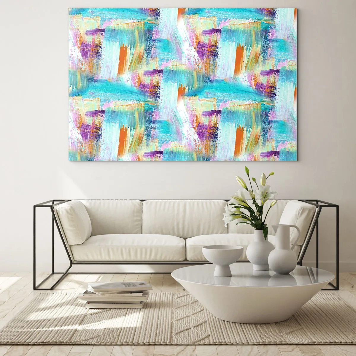 Glasbild - Bild auf glas - Farbenfrohe Abstraktion mit Pinselstrichen in Pastell- und leuchtenden Farben. - 70x50cm - Fröhlicher Labyrinth-Liner - Moderne Wanddekoration für Wohnzimmer und Schlafzimmer ARTTOR