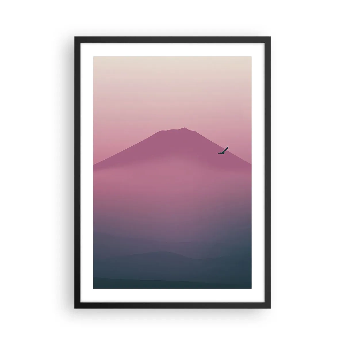 Poster in einem schwarzem Rahmen - Eine minimalistische Berglandschaft in Rosa- und Lilatönen - 50x70cm - Wanderer über den Wolken - Moderne Wanddekoration für Wohnzimmer und Schlafzimmer ARTTOR