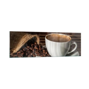 Glasbild - Bild auf glas - Eine Tasse Kaffee mit Bohnen auf Bambus-Hintergrund - 160x50cm - Die Schwärze von Kohle, die Klarheit von Bernstein - Moderne Wanddekoration für Wohnzimmer und Schlafzimmer ARTTOR