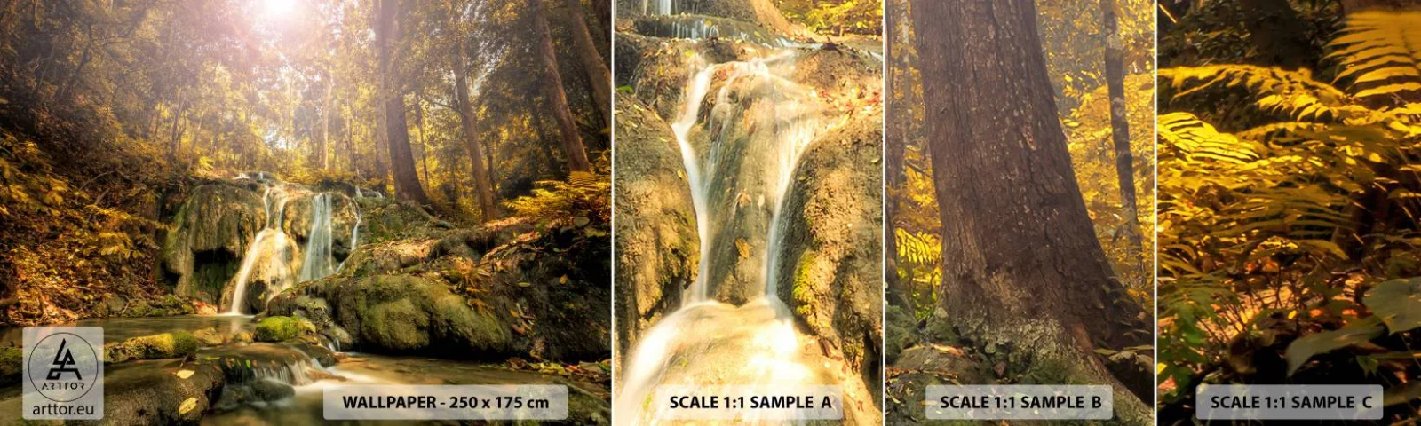 Fototapeten Muster Selbstklebend Deluxe Sticker - Waldkaskade im Grünen - Landschaft, Wasserfall, Wald - 100x30 cm