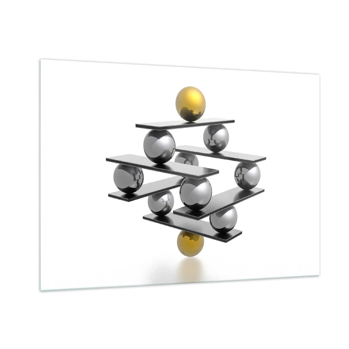 Glasbild - Bild auf glas - Geometrische Komposition mit Kugeln und Plattformen auf weißem Hintergrund - 100x70cm - Gold- und Silberbalance - Moderne Wanddekoration für Wohnzimmer und Schlafzimmer ARTTOR