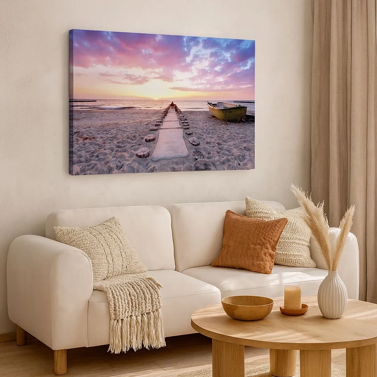 Bild auf Leinwand - Leinwandbild - Sunrise Beach mit Boot und Pier - 70x50cm - Ein Moment tiefer Erfahrung - Moderne Wanddekoration für Wohnzimmer und Schlafzimmer ARTTOR