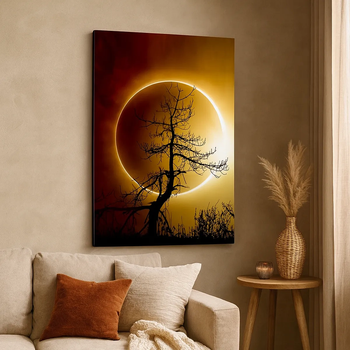 Bild auf Leinwand - Leinwandbild - Sonnenfinsternis mit einer Baumsilhouette im Vordergrund - 50x70cm - Totale Finsternis - Moderne Wanddekoration für Wohnzimmer und Schlafzimmer ARTTOR
