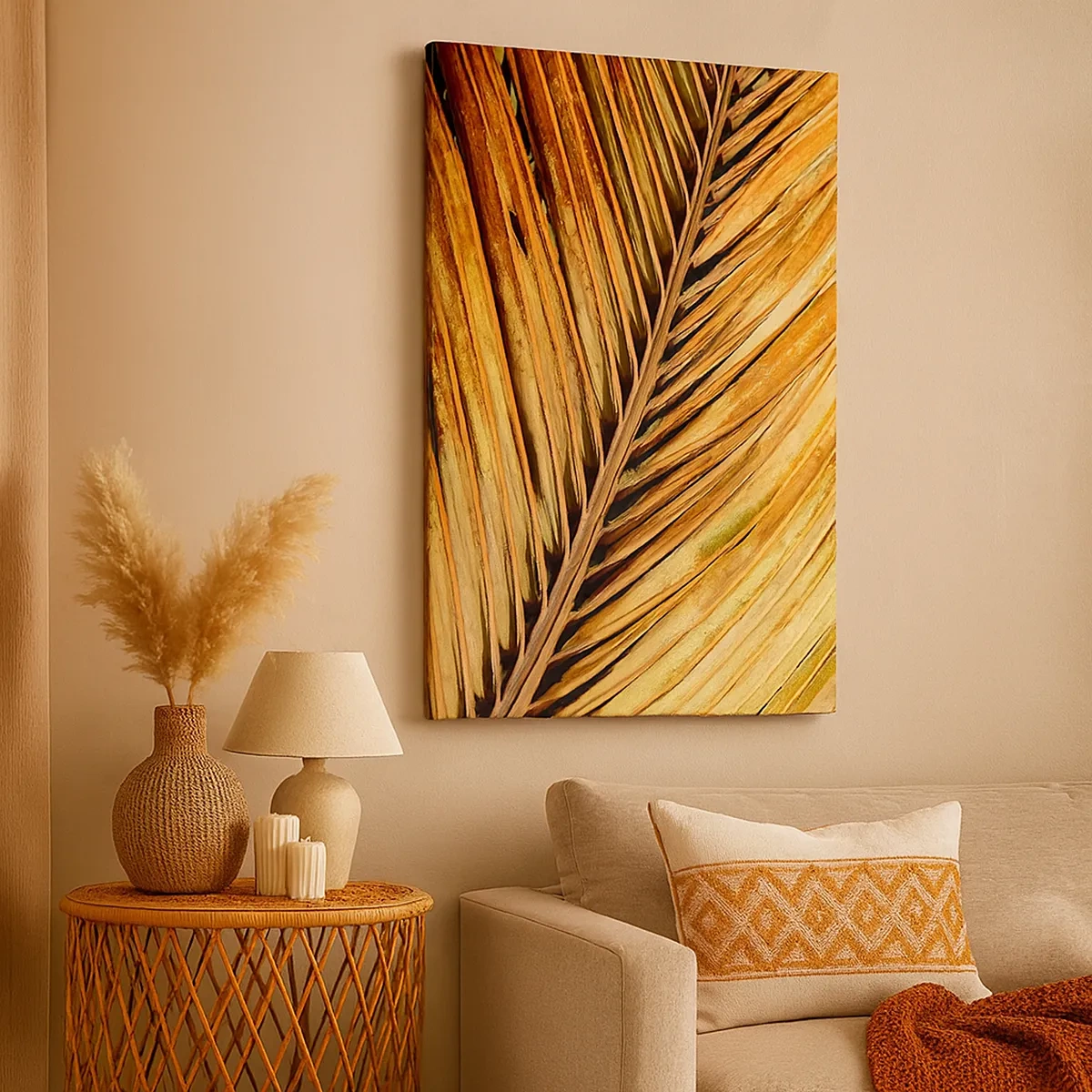 Bild auf Leinwand - Leinwandbild - Nahaufnahme eines trockenen Palmblattes in warmen Tönen - 50x70cm - Kokosnuss-Gold - Moderne Wanddekoration für Wohnzimmer und Schlafzimmer ARTTOR