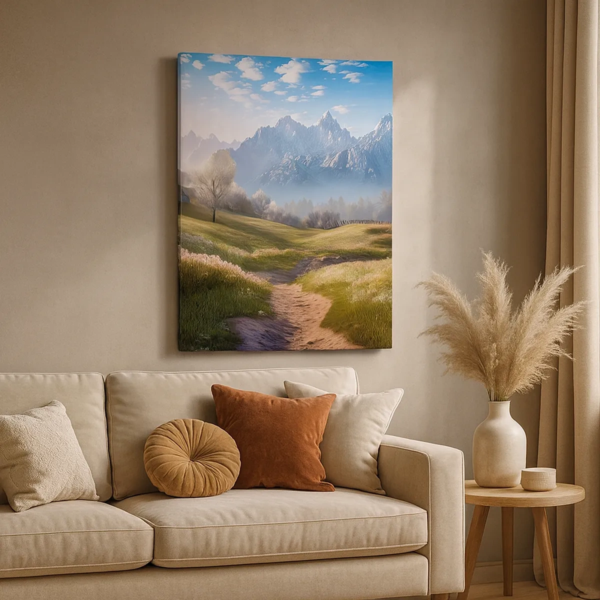 Bild auf Leinwand - Leinwandbild - Ein Bergtal mit Wiesen, Hütten und Blick auf die Gipfel - 50x70cm - Idyllisches Tal - Moderne Wanddekoration für Wohnzimmer und Schlafzimmer ARTTOR