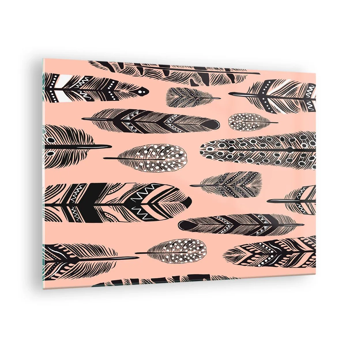 Glasbild - Bild auf glas - Dekorative Federn mit schwarz-weißem Muster auf rosa Hintergrund - 70x50cm - Indische Sammlung - Moderne Wanddekoration für Wohnzimmer und Schlafzimmer ARTTOR