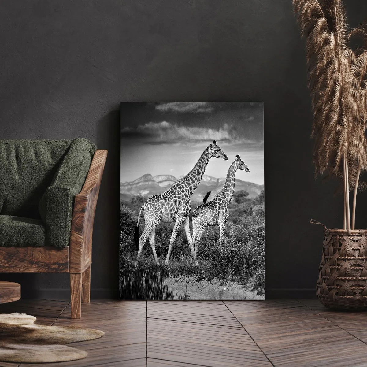 Bild auf Leinwand - Leinwandbild - Schwarz-weiße Silhouetten zweier Giraffen in der Savanne - 50x70cm - Hohe Sphären in Afrika - Moderne Wanddekoration für Wohnzimmer und Schlafzimmer ARTTOR